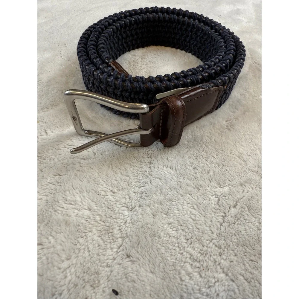 Torino Mens Braided Stretch Belt Navy Black Woven Leather Trim‎ Made in USA 44in